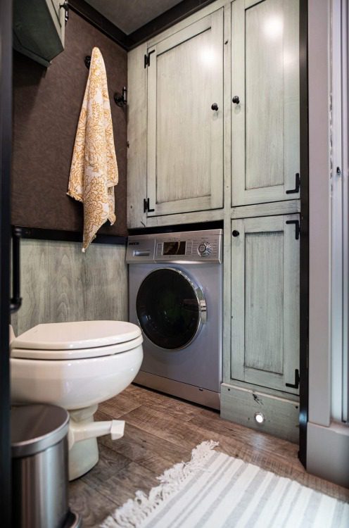 1492 Coachworks Toy Hauler Bathroom Storage with Washer Dryer Combo and Full Size Porcelain Toilet